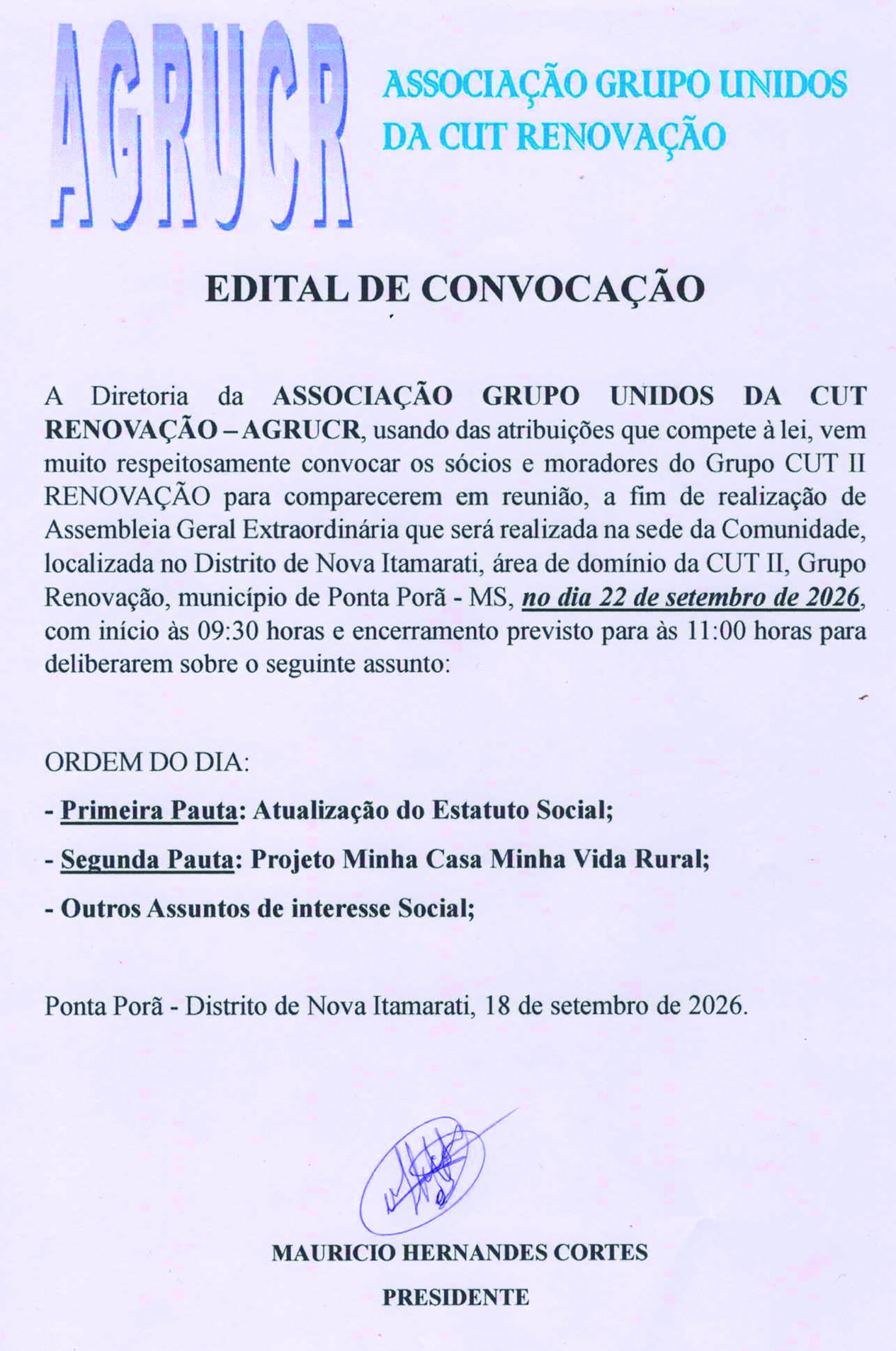 Edital de Convocação – AGRUCR Associação Grupo Unidos da CUT Renovação